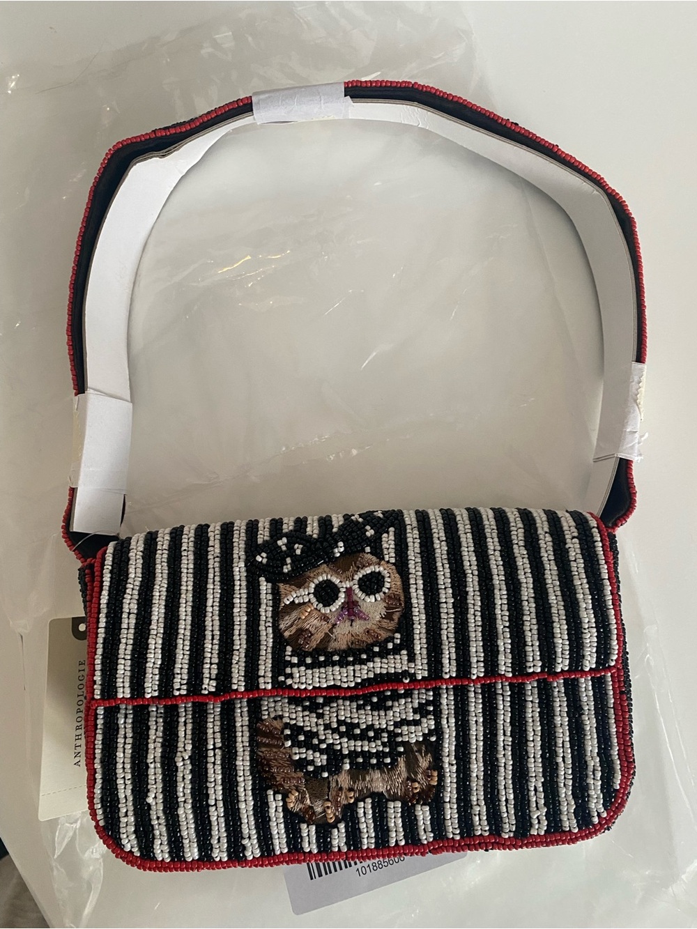 Anthropologie Black, White & Red Beaded Striped Cat Crossbody Bag Fiona
